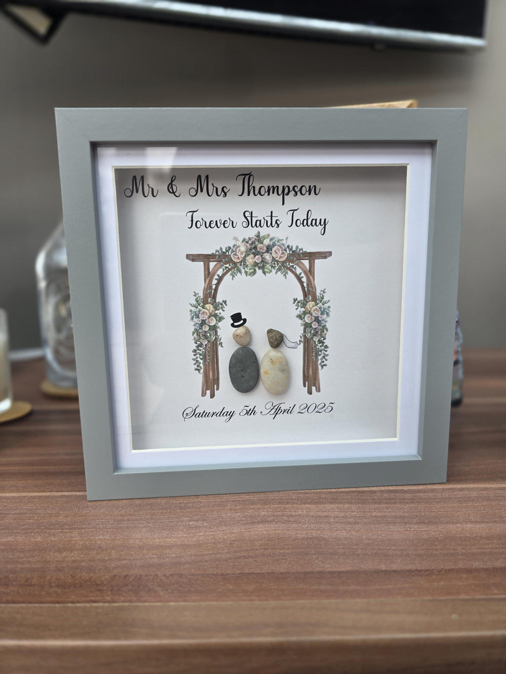 Personalised wedding pebble picture - framed mr & mrs pebble art wedding gift bridal arch - on your wedding day - the day we got married -
