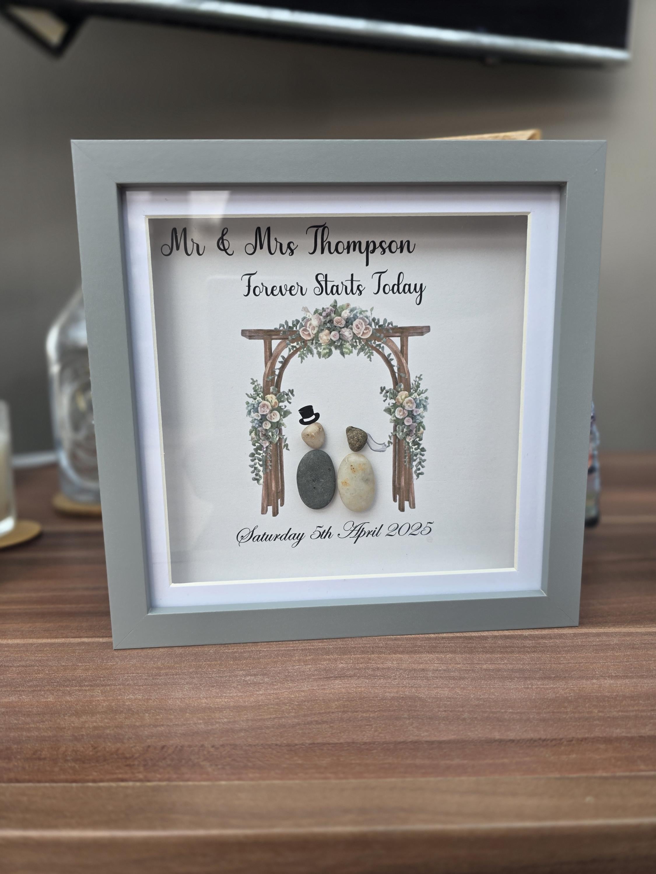 Personalised wedding pebble picture - framed mr & mrs pebble art wedding gift bridal arch - on your wedding day - the day we got married -