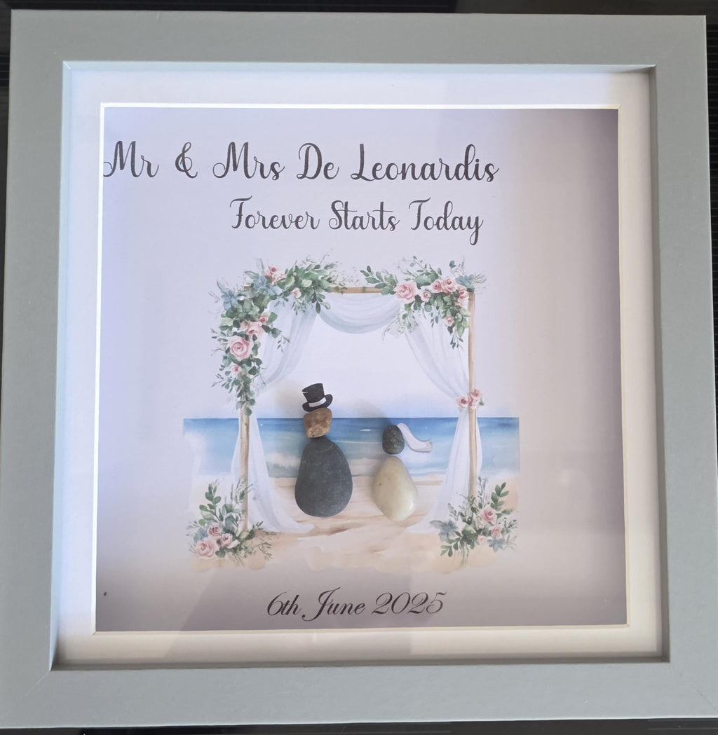 Personalised wedding pebble picture beach scene - framed mr & mrs pebble art wedding gift - on your wedding day - the day we got married