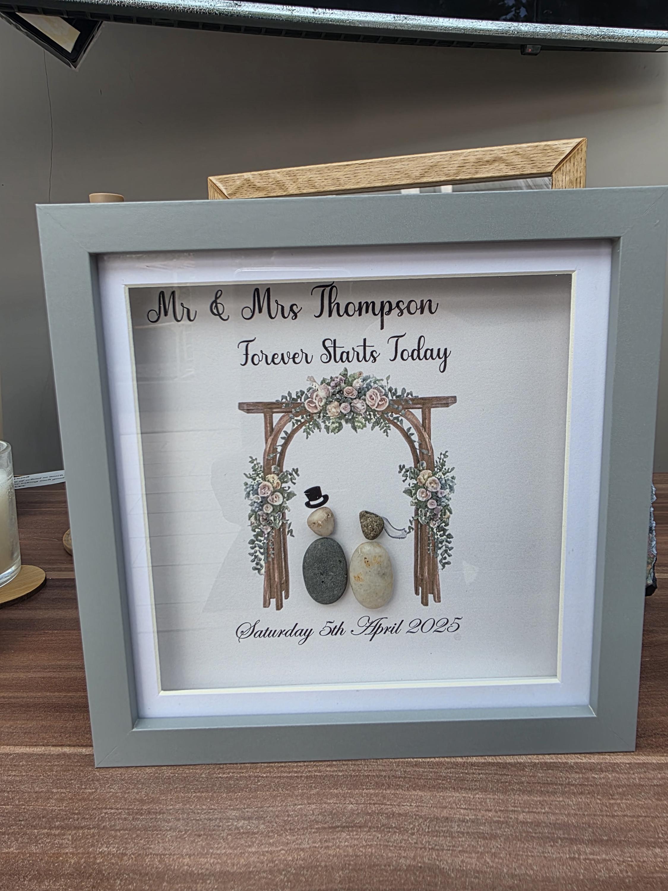 Personalised wedding pebble picture - framed mr & mrs pebble art wedding gift bridal arch - on your wedding day - the day we got married -