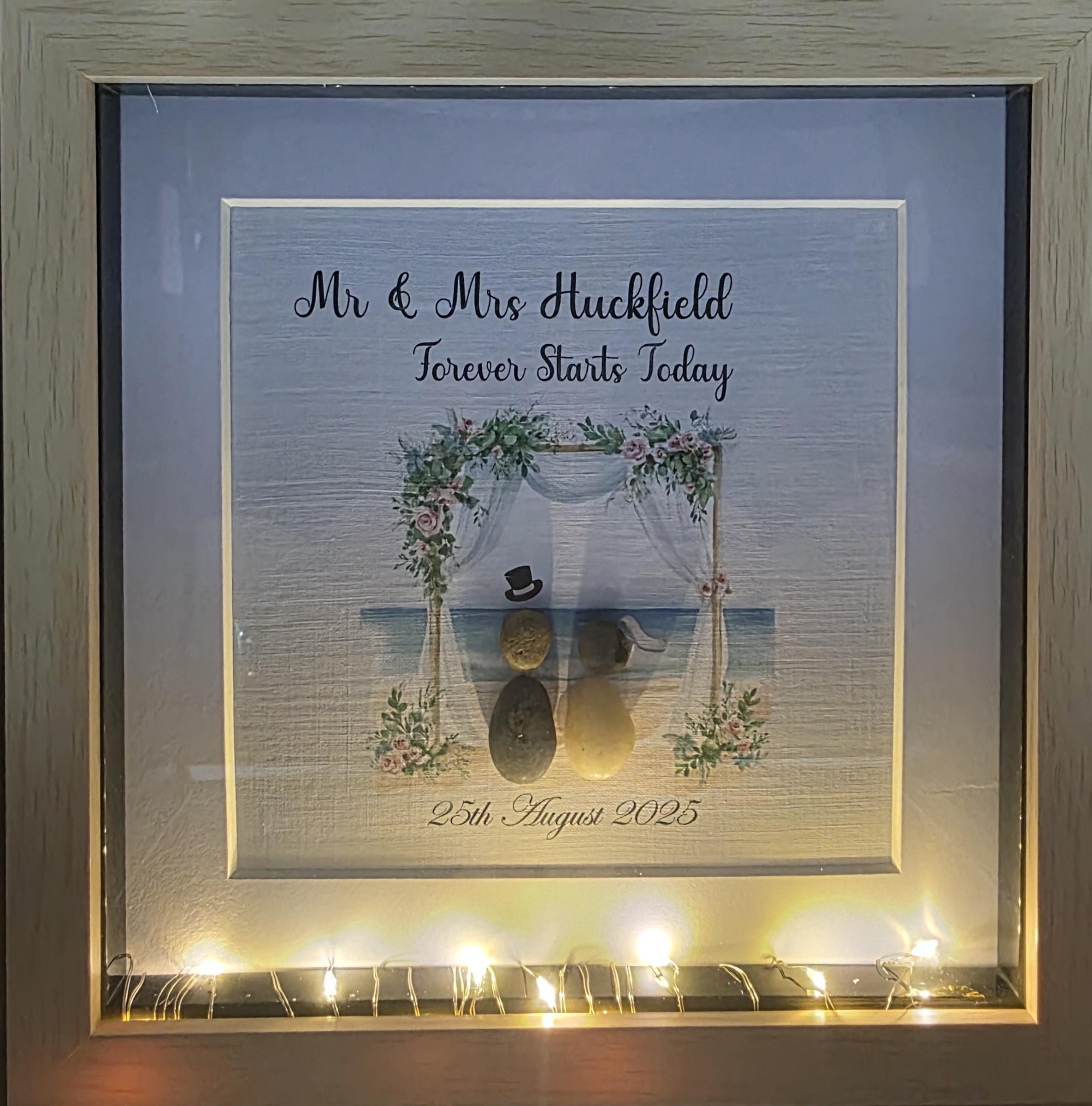 Personalised wedding pebble picture beach scene - framed mr & mrs pebble art wedding gift - on your wedding day - the day we got married