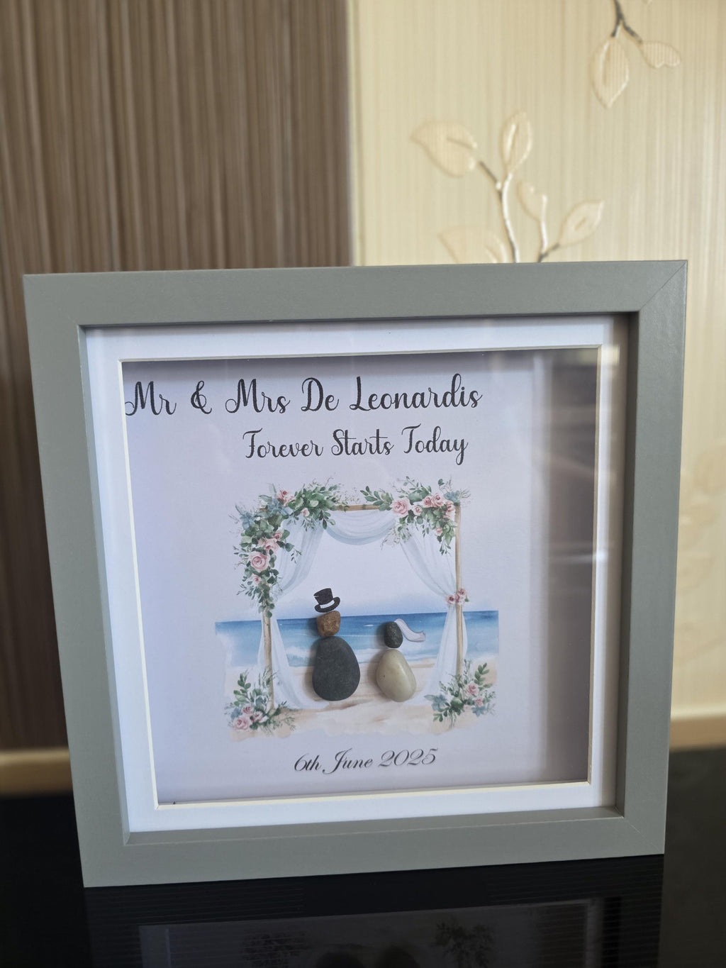 Personalised wedding pebble picture beach scene - framed mr & mrs pebble art wedding gift - on your wedding day - the day we got married