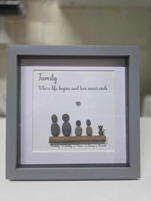 Personalised family pebble picture heart and log