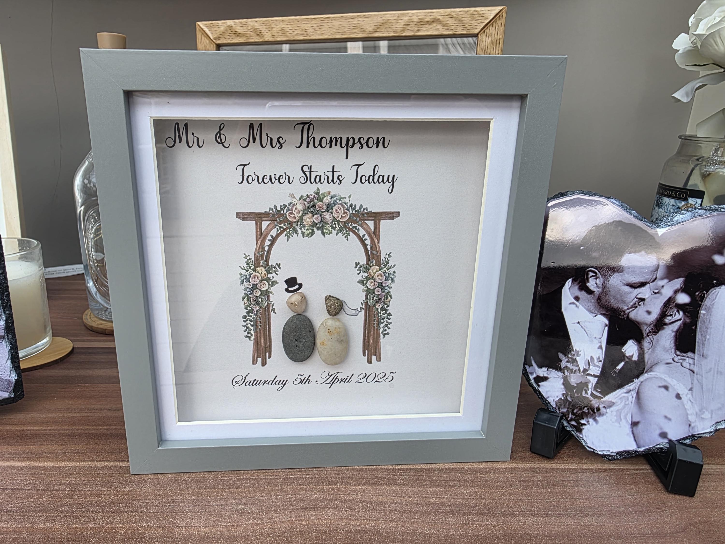 Personalised wedding pebble picture - framed mr & mrs pebble art wedding gift bridal arch - on your wedding day - the day we got married -