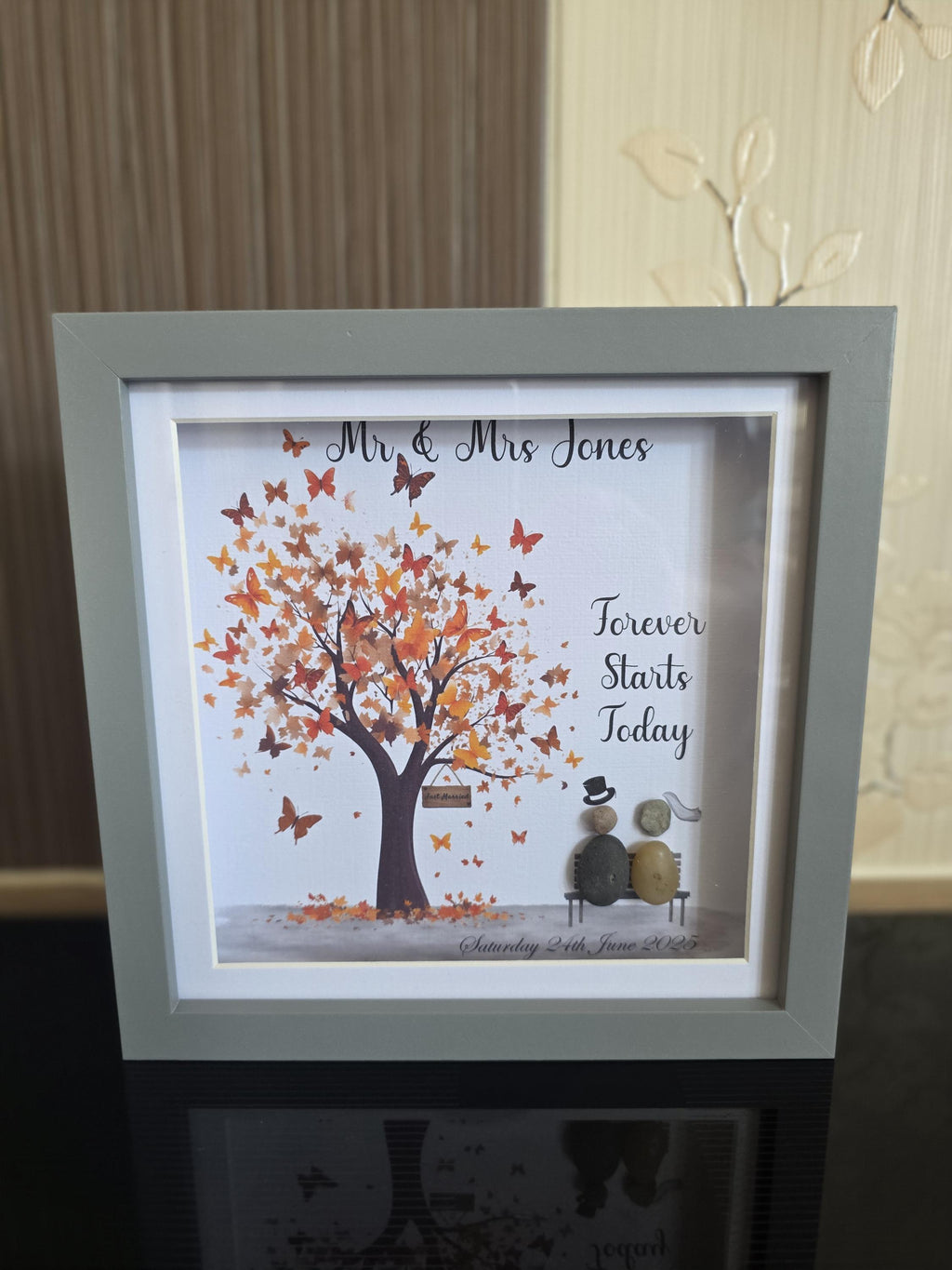 Personalised wedding pebble picture butterfly tree - framed mr & mrs pebble art wedding gift - on your wedding day - the day we got married