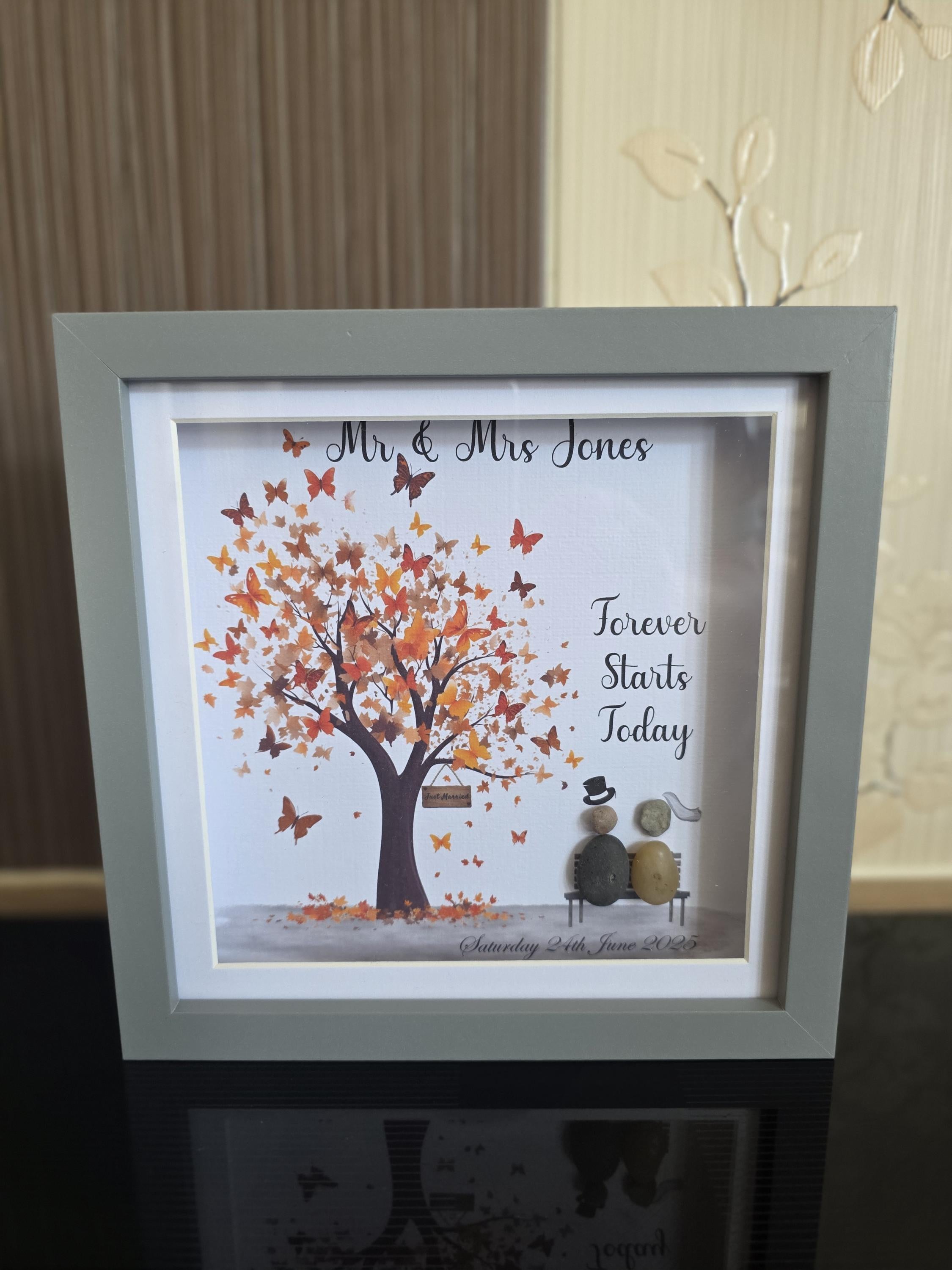 Personalised wedding pebble picture butterfly tree - framed mr & mrs pebble art wedding gift - on your wedding day - the day we got married